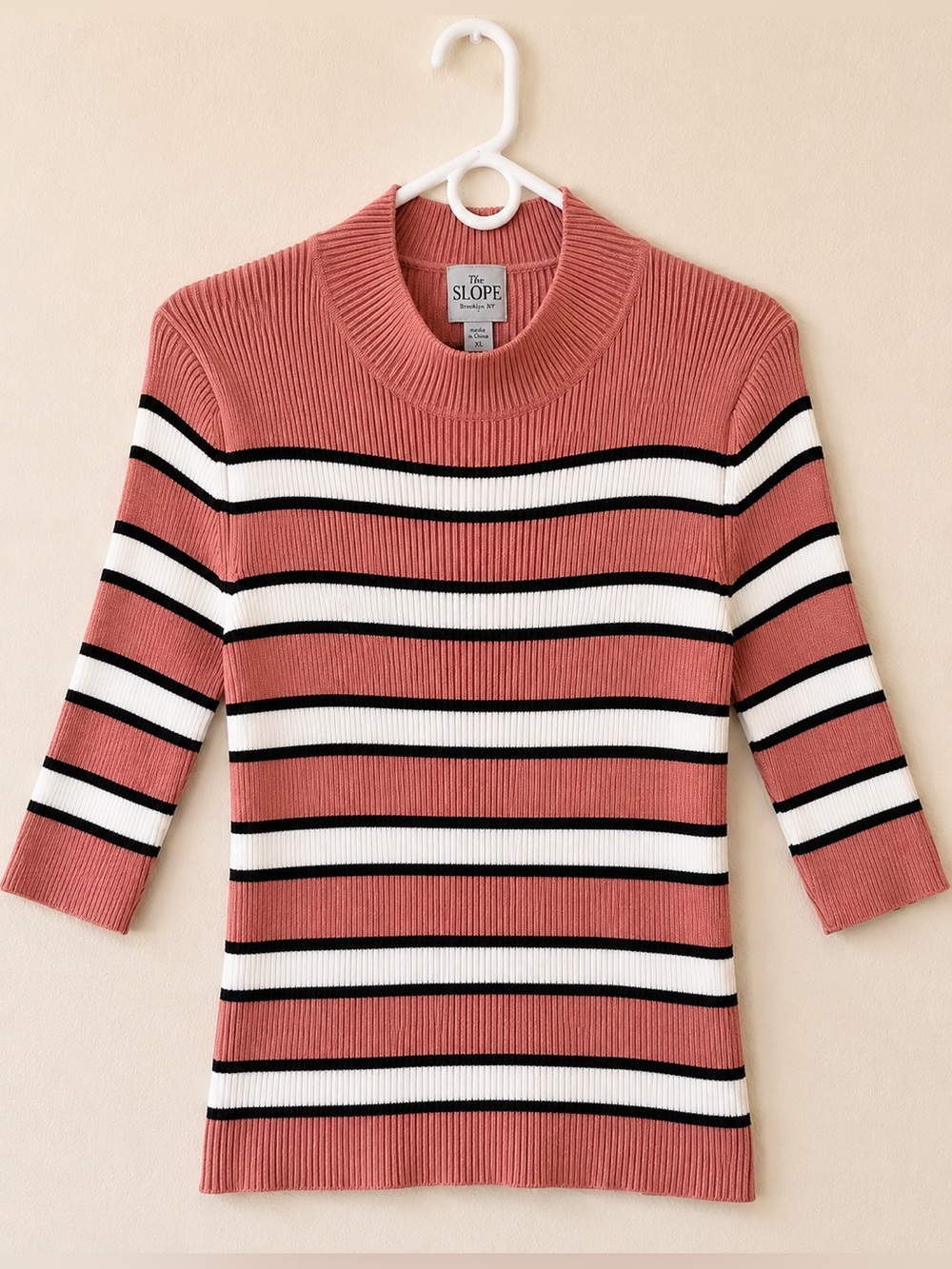 The Slope XL Ribbed Knit Sweater Top Pink White Black Striped Mock Neck